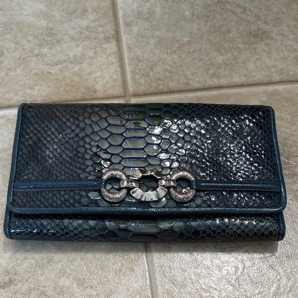 Brighton navy Blue Snakeskin Clutch wallet large billfold silver embellishments